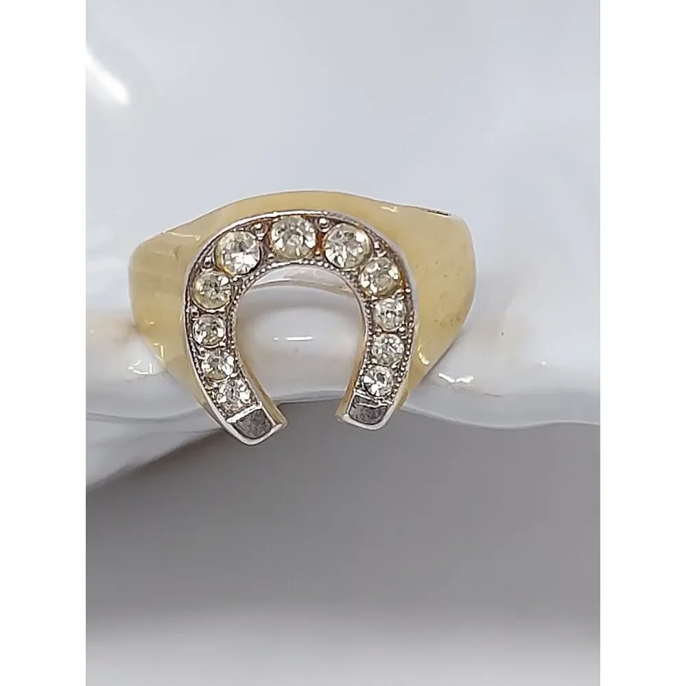Men's Ring Sz 10.5 Gold Tone Horseshoe Clear Faux Stones Marked 18K HGE UNTESTED